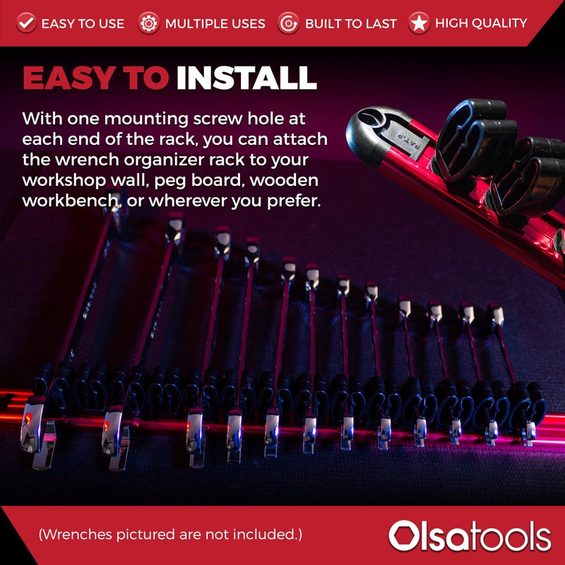 Olsa Tools Wall-Mounted Wrench Rack - Red Anodized Aluminum Rail with Black Clips - Stores 14 SAE or Metric Wrenches Securely - Professional Organizer - Part: 1028 - Image 5